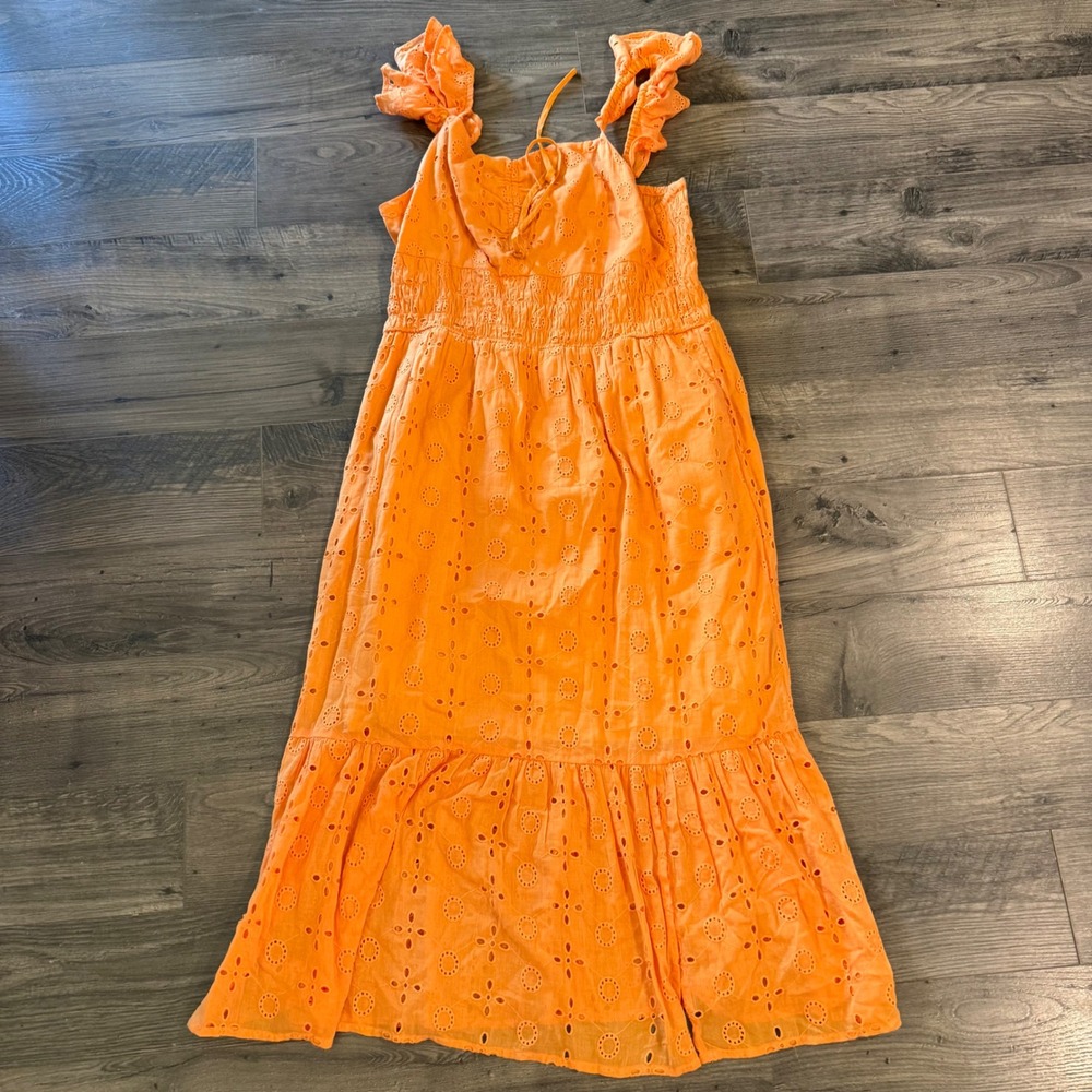 Cato Orange Eyelet Midi Dress Smocked Waist‎ Ruffle Sleeve Tiered Large